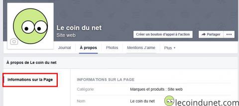 Page facebook - Information sur la page Page facebook - Information sur la page