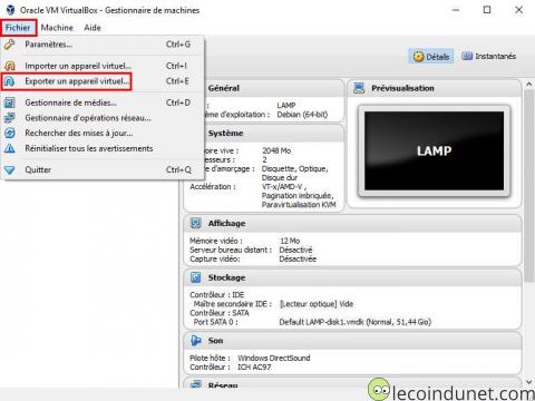 VitualBox - Fichier - Exporter VitualBox - Fichier - Exporter