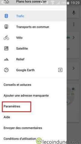 Google Maps - Menu Paramètres Google Maps - Menu Paramètres