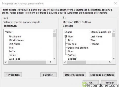 Mappage des champs Outlook Mappage des champs Outlook