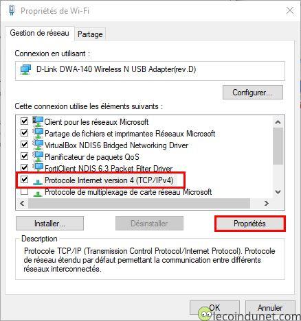 Windows 10 - Protocol IPV4 - Bouton propriété Windows 10 - Protocol IPV4 - Bouton propriété