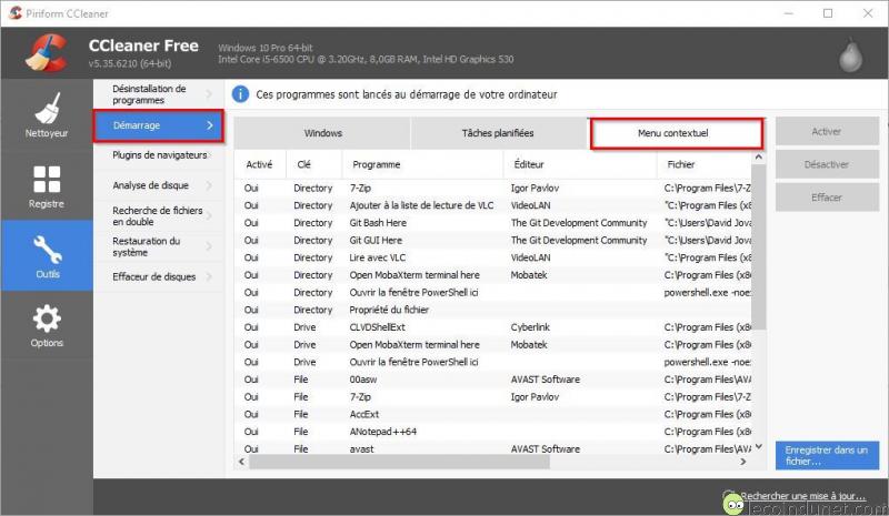 CCleaner - Menu démarrage - Menu contextuel CCleaner - Menu démarrage - Menu contextuel