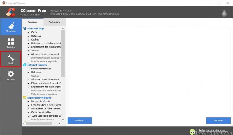CCleaner - Menu Outils CCleaner - Menu Outils