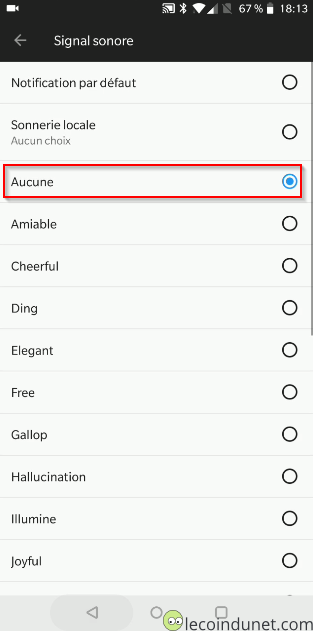 Choix du son de notification - Aucune sonnerie Choix du son de notification - Aucune sonnerie