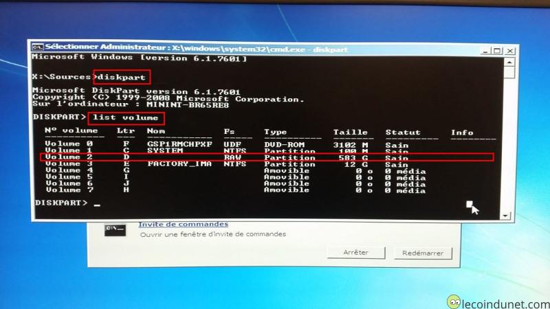 Windows 7 - Diag réparation avec Diskpart Windows 7 - Diag réparation avec Diskpart
