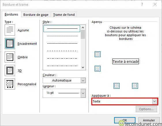 Word - Encadrement sur texte