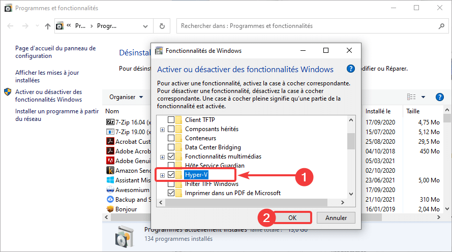 Cochez la case Hyper-V pour l'activer sur Windows 10