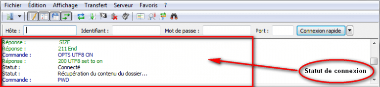 Afficher la fenêtre du statut de connexion dans Filezilla