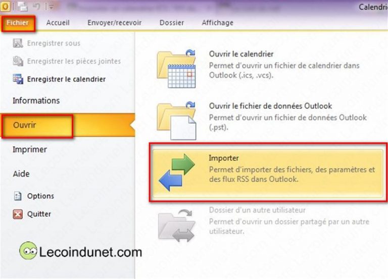 Importer un calendrier ICS ou VCS dans Outlook