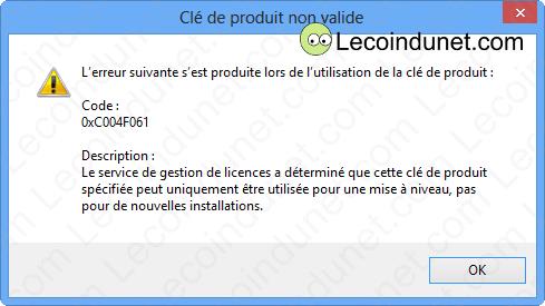 Mise à niveau Windows 8 Pro clé de produit non valide