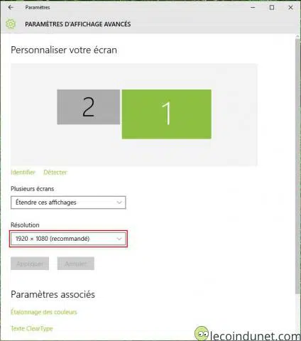 Windows 10 - Paramètres d'affichage avancés