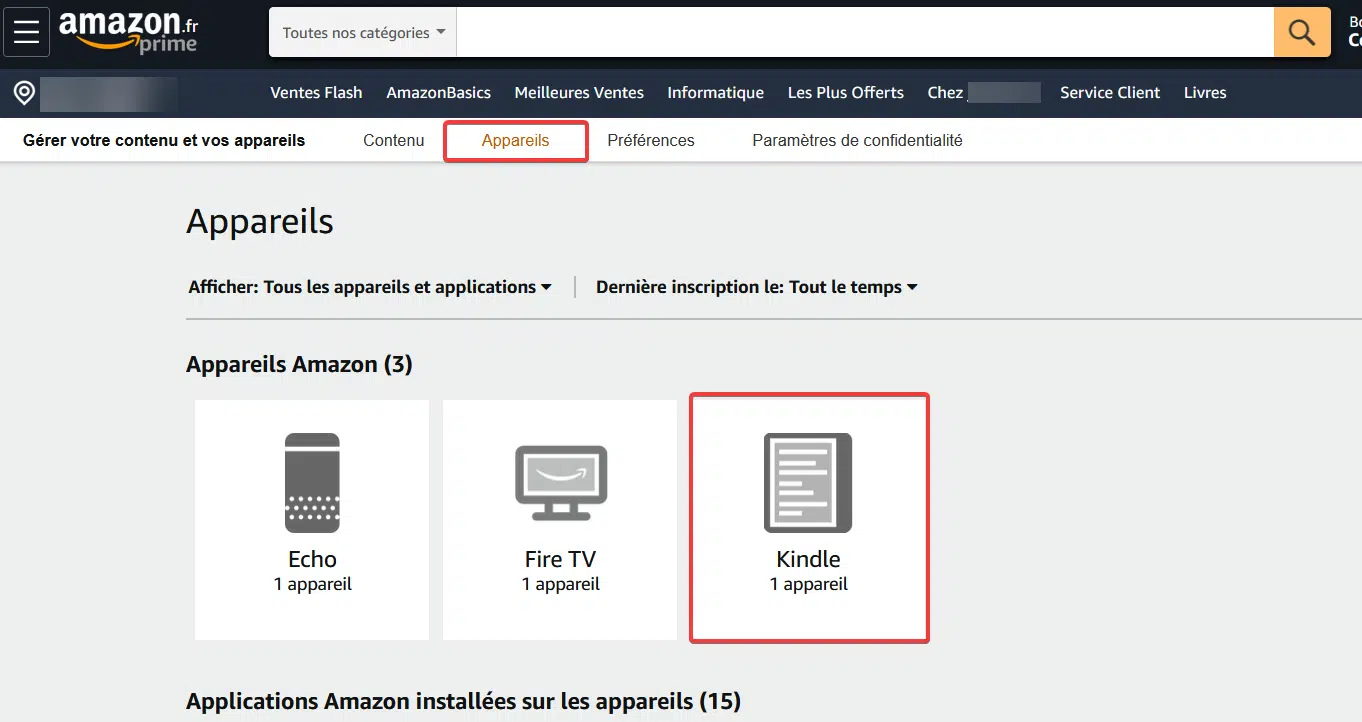 Appareil Kindle visible depuis le compte Amazon