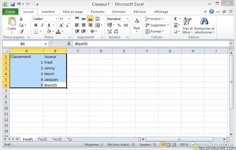 Excel selection tableau