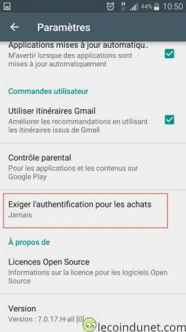 Google Play Store - Exiger authentification
