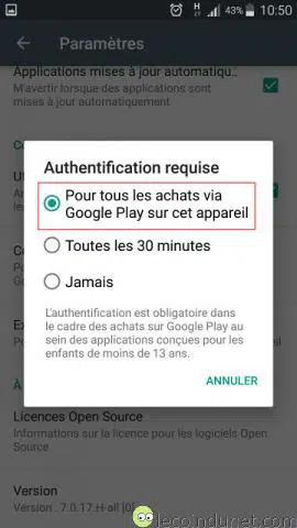 Google Play Store - Paramètres authentification