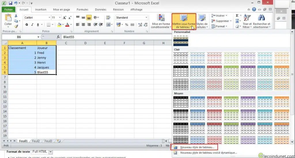 Excel Nouveau style tableau