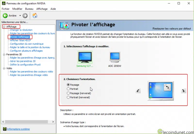 Paramètres Nvidia : rotation affichage