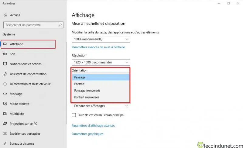Windows 10 - Rotation affichage