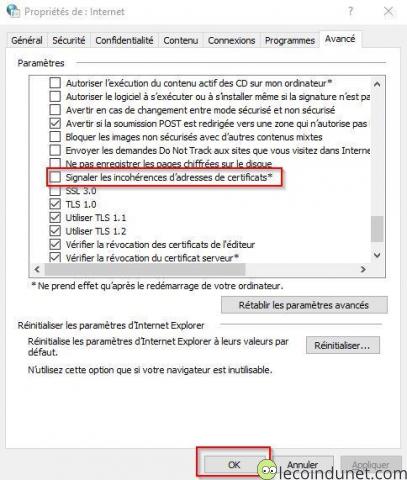 Windows - propriété internet - Signaler incohérence certificat