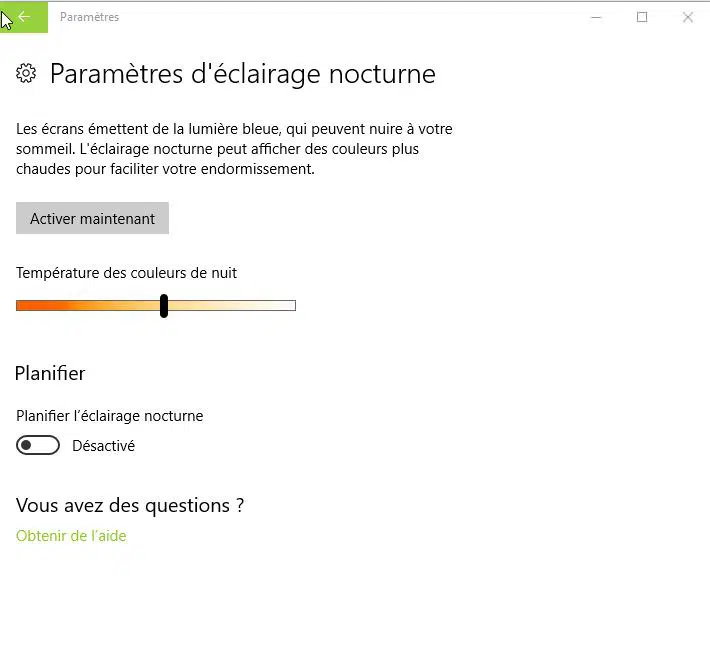 Filtre lumière bleue Windows 10