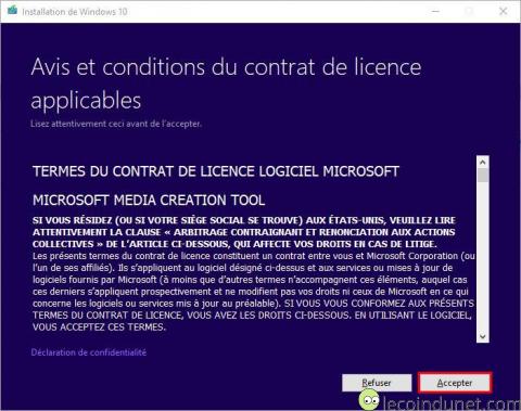 Windows 10 - MediaCreationTool Acceptation licence