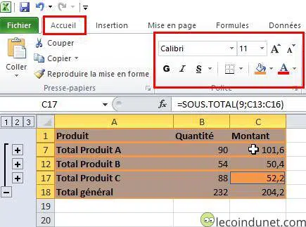 Excel - Mise en forme sous-totaux