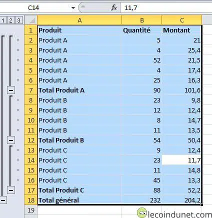 Excel - Sélectionner données sous-total