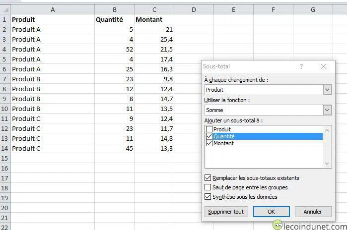 Excel - Faire un sous total