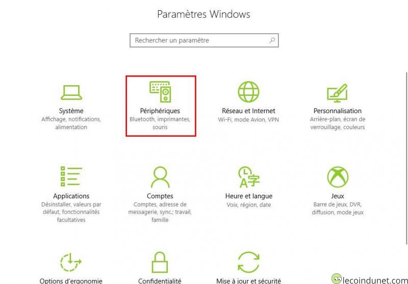 Windows 10 - Paramètres - Périphériques