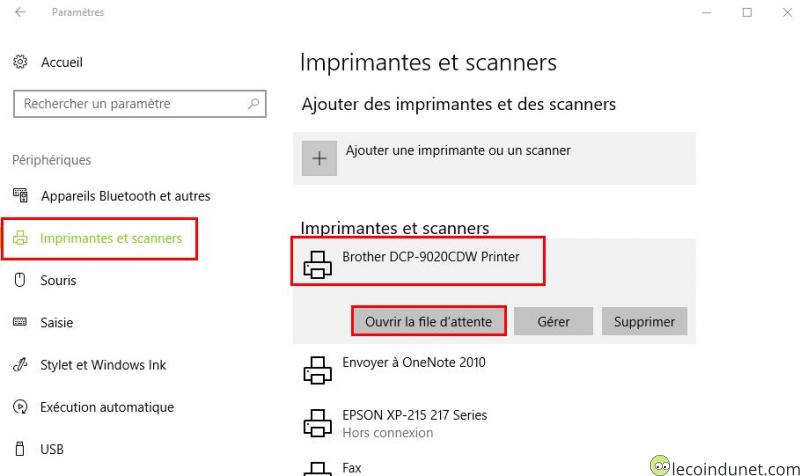 Windows 10 - Périphériques - Ouvrir la file d'attente