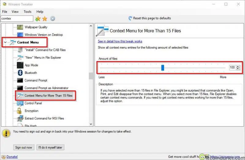 Winaero Tweaker Context menu for more than 15 files