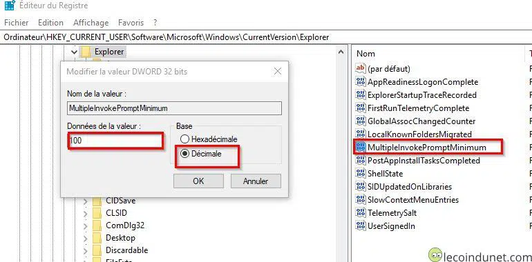 Windows 10 - Clé registre multipleinvokepromptminimum