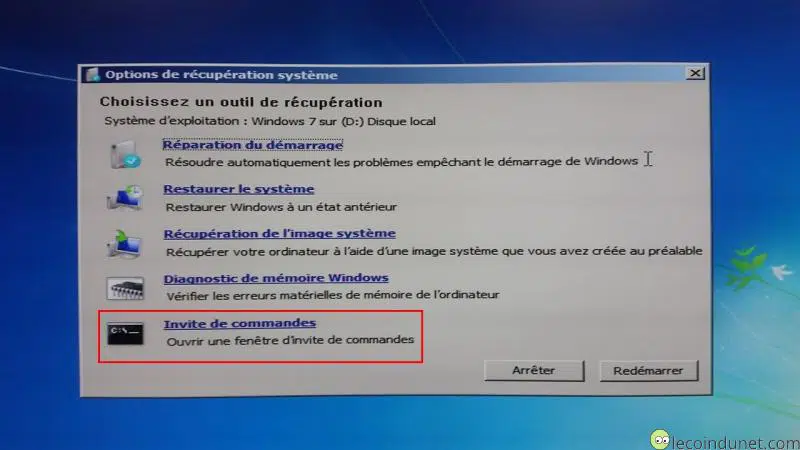 Windows 7 - Outil de récupération invites de commandes