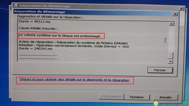 Windows 7 - Résultat de la réparation du démarrage