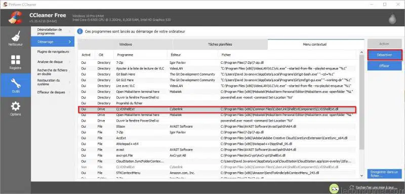 CCleaner - Désactiver ou supprimer entrées menu contextuel