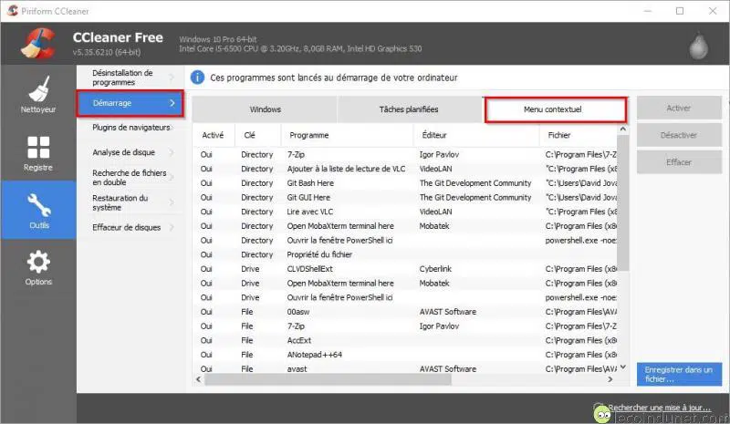 CCleaner - Menu démarrage - Menu contextuel