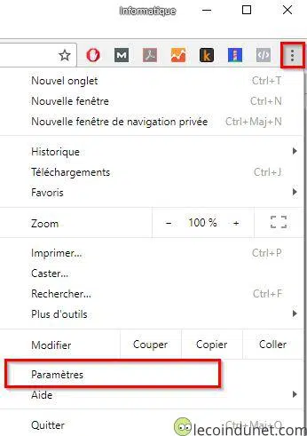 Chrome - menu Paramètres