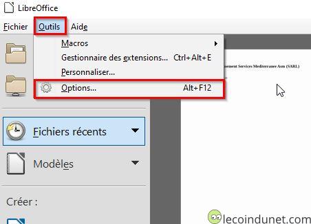 LibreOffice - Menu Outils - Options