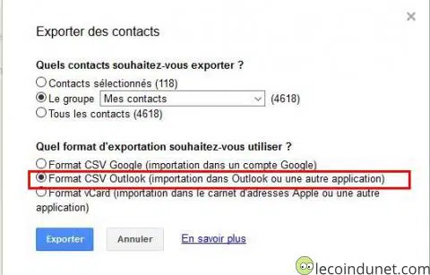 Google contact - Export format CSV