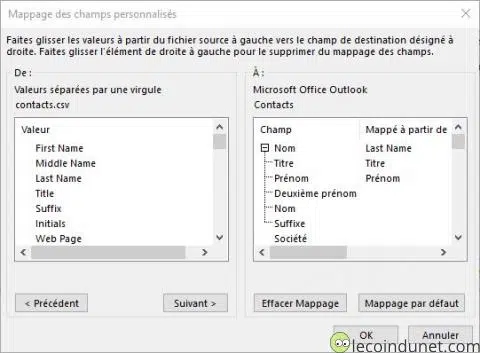 Mappage des champs Outlook