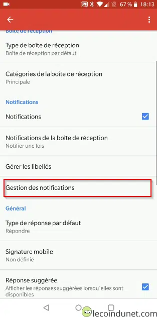 Gmail - Menu notifications (gérer)
