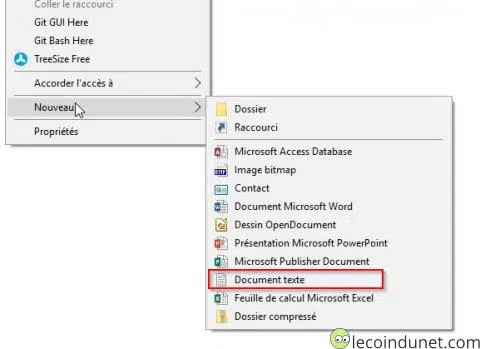 Nouveau document texte menu contextuel