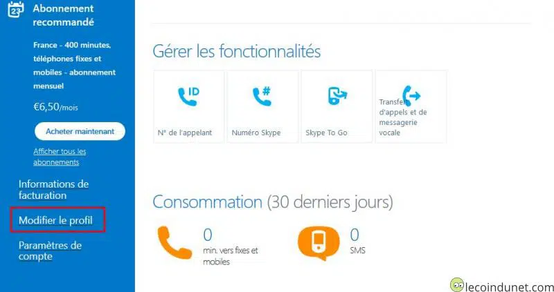 Skype - Lien modifier le profil