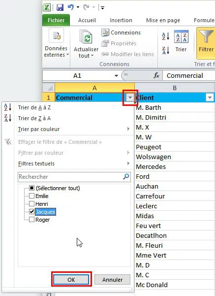 Excel 2010 - Définir filtre