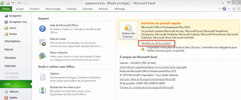 Modifier la clé produit de Microsoft Office