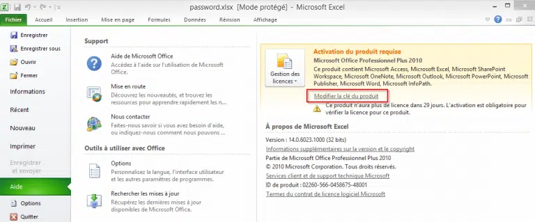 Modifier la clé produit de Microsoft Office