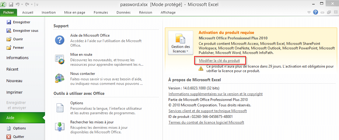 Office 2010 Modifier clé produit