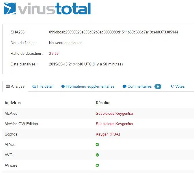 VirusTotal - résultat scan en ligne