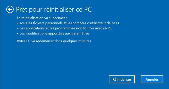 Windows 10 - Réinitialiser Windows 10 confirmation