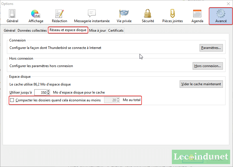 Désactiver la fenêtre compacter les dossier sur Thunderbird